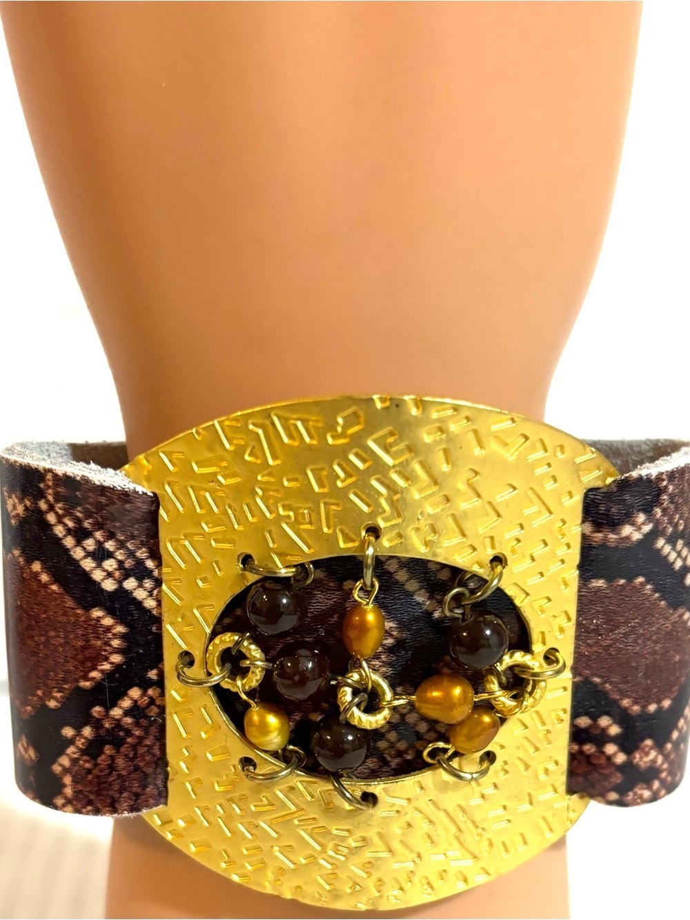 Gold-Tone Brown Beaded Cuff with beads leather Bracelet